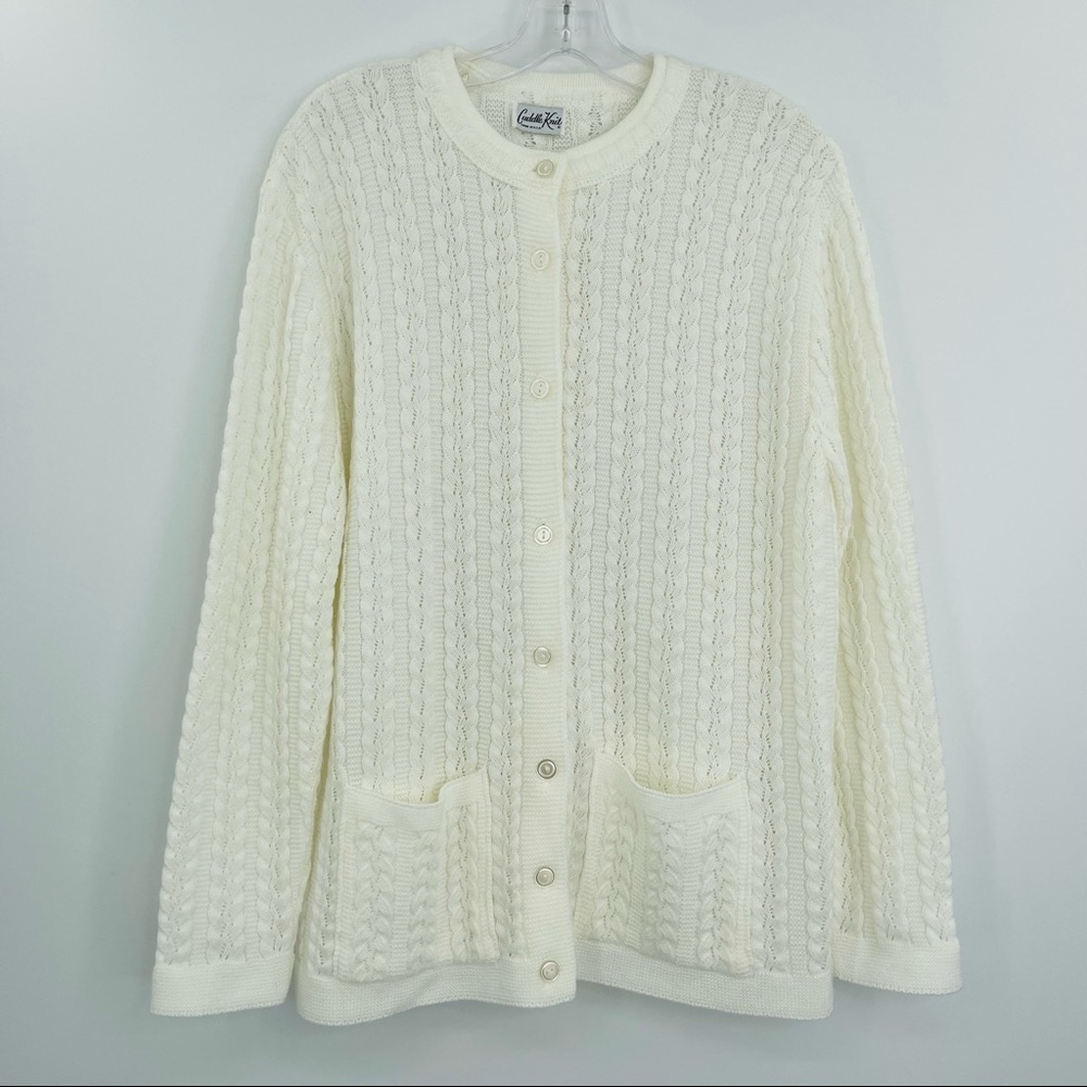 Vintage Cable Knit Cardigan Sweater Women's L White Preppy Textured